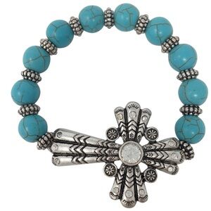 Sideways Cross Turquoise Beaded Christian Silver Tone Stretch Bracelet